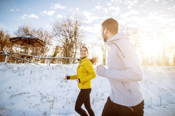 Runners training together on a winter morning